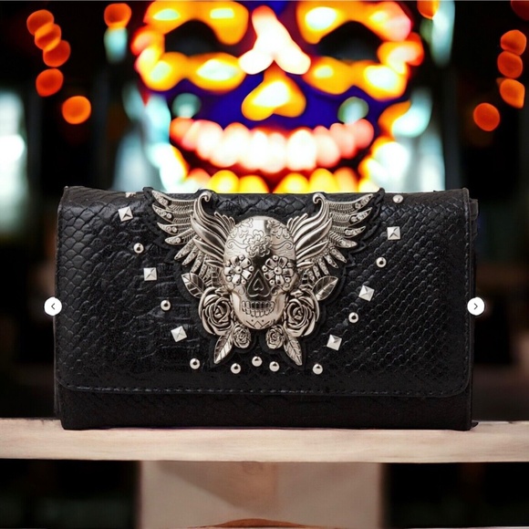 Sugar Skull Wallet Women Biker Gothic Punk Crossbody Wristlet Clutch Crossbody - Picture 1 of 5